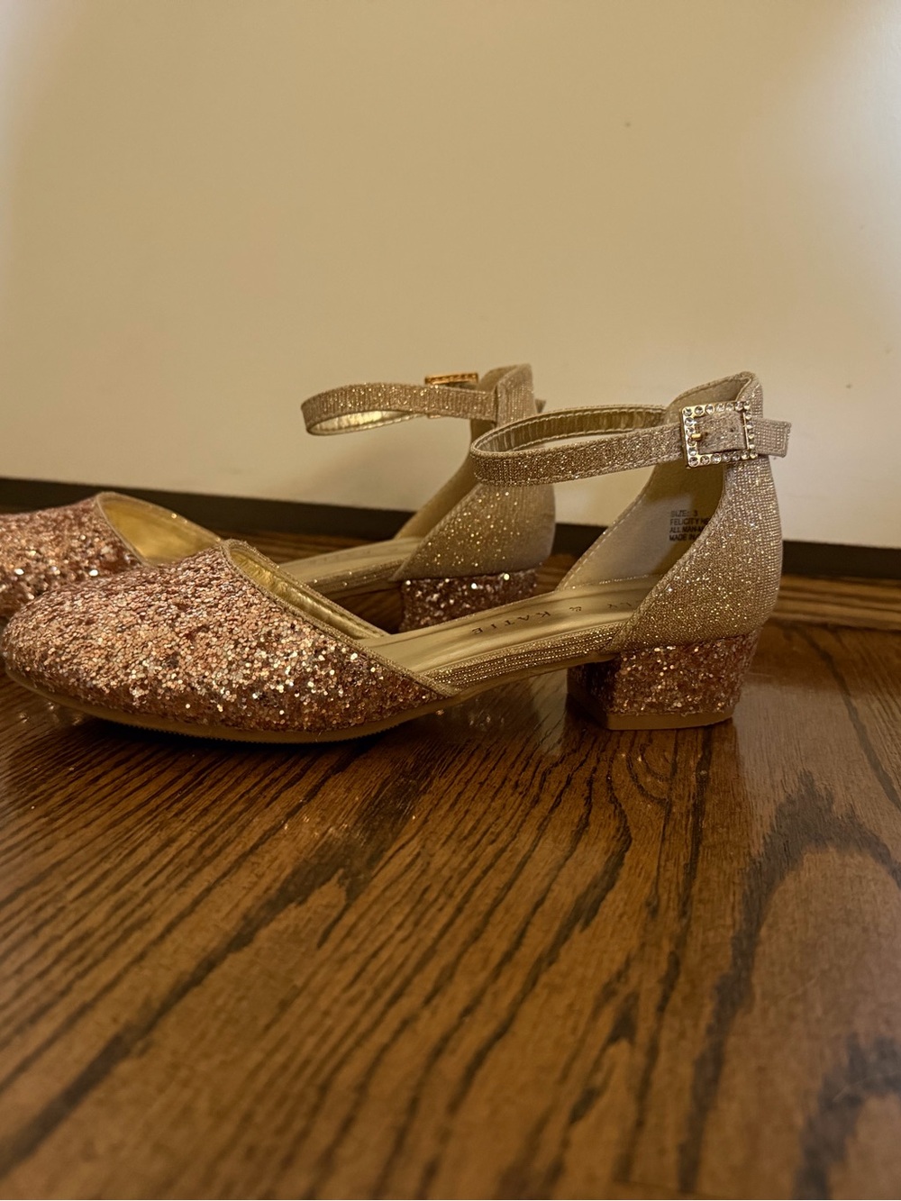 Girls Kelly & Katie Rose Gold Glitter D'Orsay Heels with Ankle Strap - Sz 3